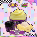 Yellow slime in jar with purple label with dog on label, brown slime in jar with purple label with dog on label, white ice cream scoop, banana slices, banana split label, with caleb's @ dk's x slime junkies logos
