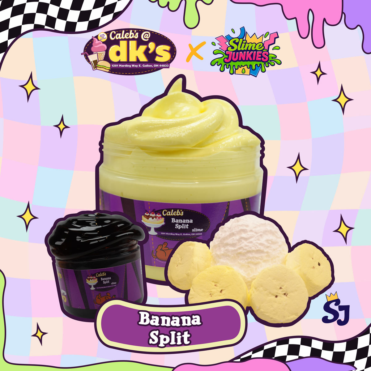 Yellow slime in jar with purple label with dog on label, brown slime in jar with purple label with dog on label, white ice cream scoop, banana slices, banana split label, with caleb's @ dk's x slime junkies logos