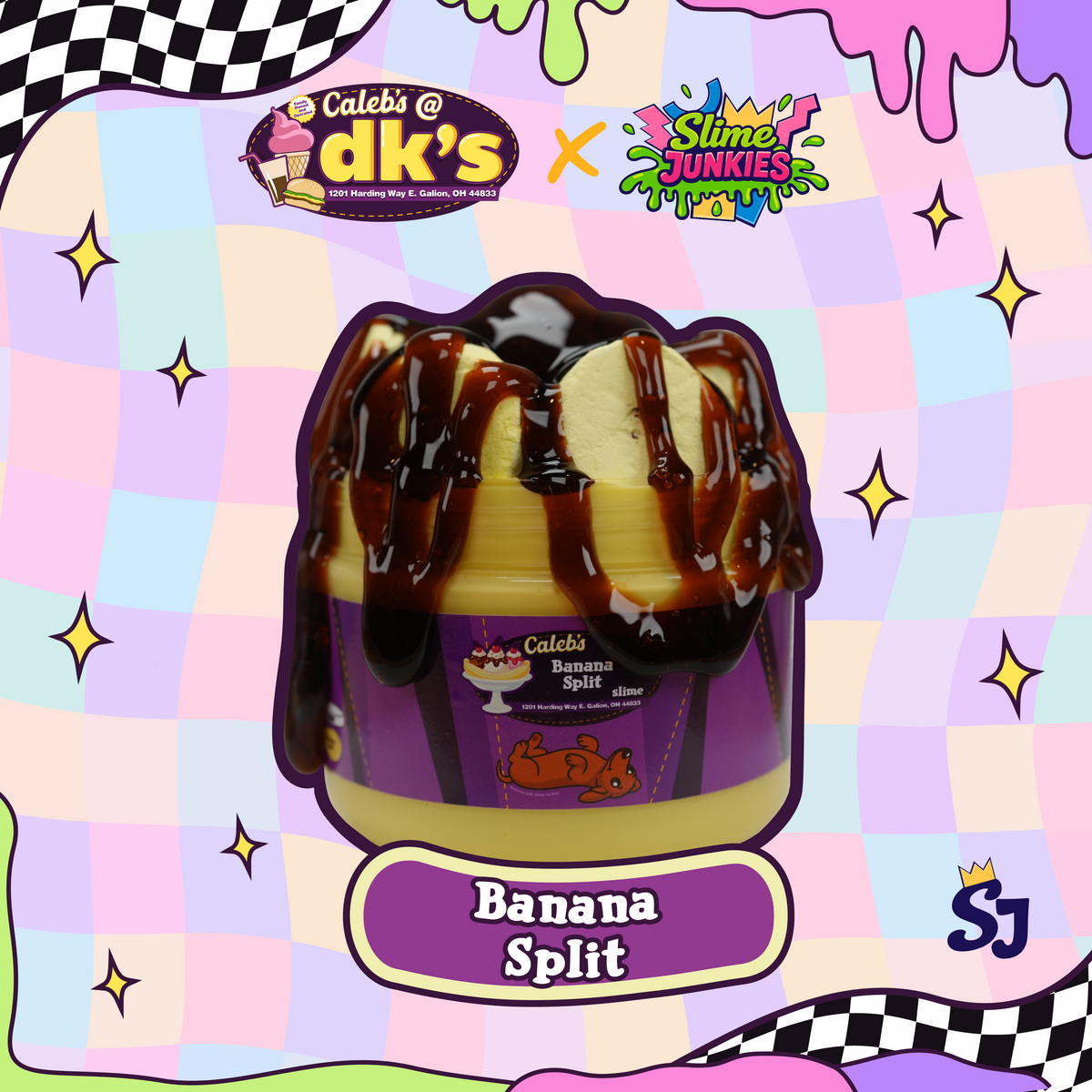 A banana split dessert slime shown on a pastel checkered graphic background with decorative stickers and logos. The product has a purple wrapper with a banana split illustration and is topped with chocolate drizzle and cream-colored elements.