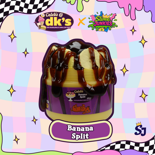 A banana split dessert slime shown on a pastel checkered graphic background with decorative stickers and logos. The product has a purple wrapper with a banana split illustration and is topped with chocolate drizzle and cream-colored elements.