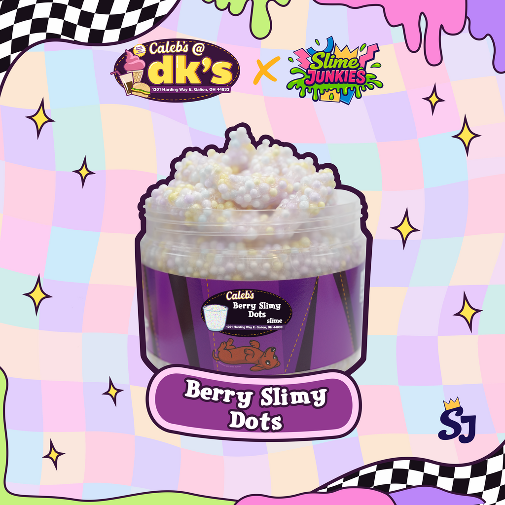 Pastel floam slime in a jar with a purple label and a dog featuring caleb's @ dk's x slime junkies