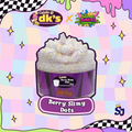 Pastel floam slime in a jar with a purple label and a dog featuring caleb's @ dk's x slime junkies