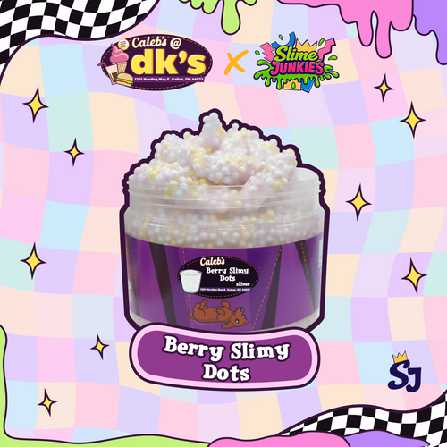 Pastel floam slime in a jar with a purple label and a dog featuring caleb's @ dk's x slime junkies