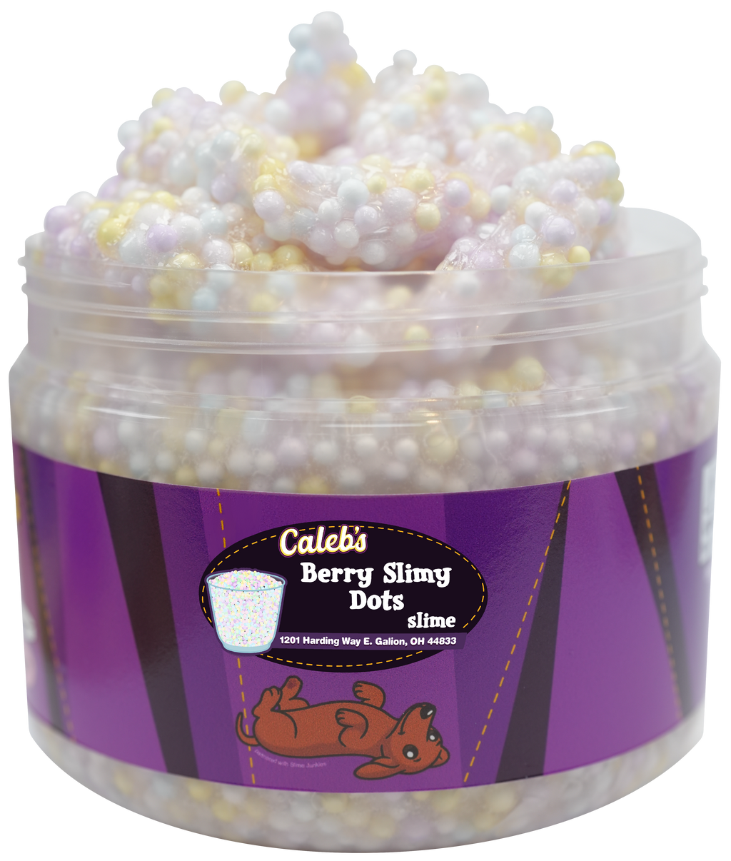 Pastel floam slime in a jar with a purple label and a dog