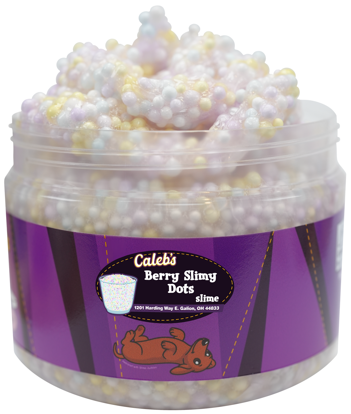 Pastel floam slime in a jar with a purple label and a dog
