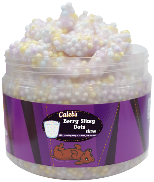 Pastel floam slime in a jar with a purple label and a dog