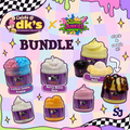 bundle of 6 slimes banana split berry slimy dots cotton candy sundae vanilla soft serve orange sherbet and strawberry shake with logo's caleb's @ dk's x  slime junkies on a pastel checkerboard background
