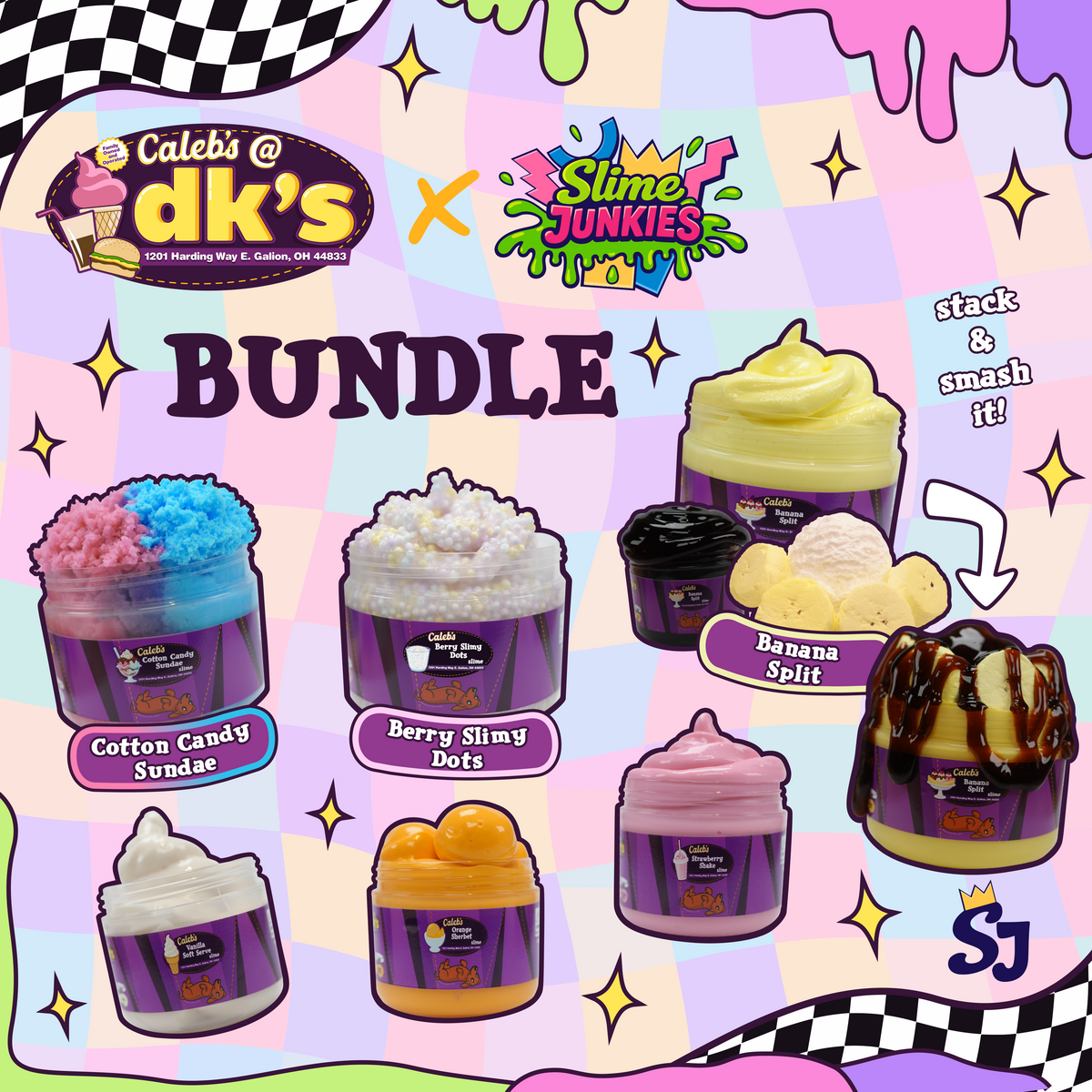 bundle of 6 slimes banana split berry slimy dots cotton candy sundae vanilla soft serve orange sherbet and strawberry shake with logo's caleb's @ dk's x  slime junkies on a pastel checkerboard background