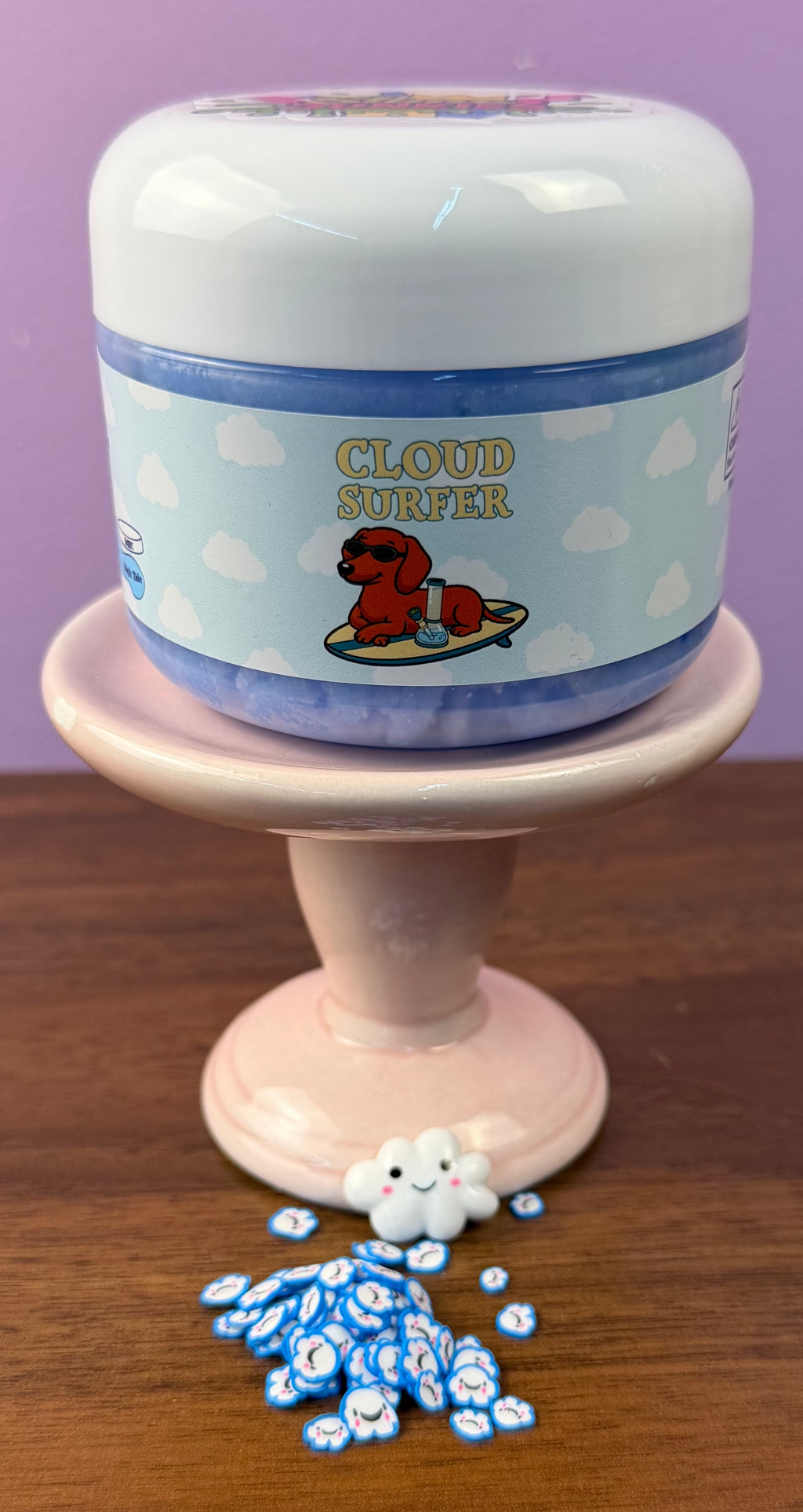 light blue cloud slime with plastic cloud charm with blue cloud clay sprinkles with blue glitter texture