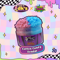 A jar of cotton candy sundae by Caleb's @ dk's x Slime Dunkies, featuring pink and blue fluffy cotton candy on a purple jar, set against a pastel checkered background with decorative stickers and logos.