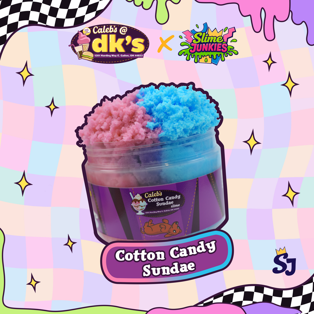A jar of cotton candy sundae by Caleb's @ dk's x Slime Dunkies, featuring pink and blue fluffy cotton candy on a purple jar, set against a pastel checkered background with decorative stickers and logos.