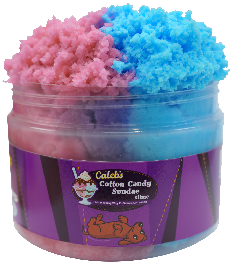 A jar of cotton candy sundae by Caleb's @ dk's x Slime Dunkies, featuring pink and blue fluffy cotton candy on a purple jar, set against a pastel checkered background with decorative stickers and logos.