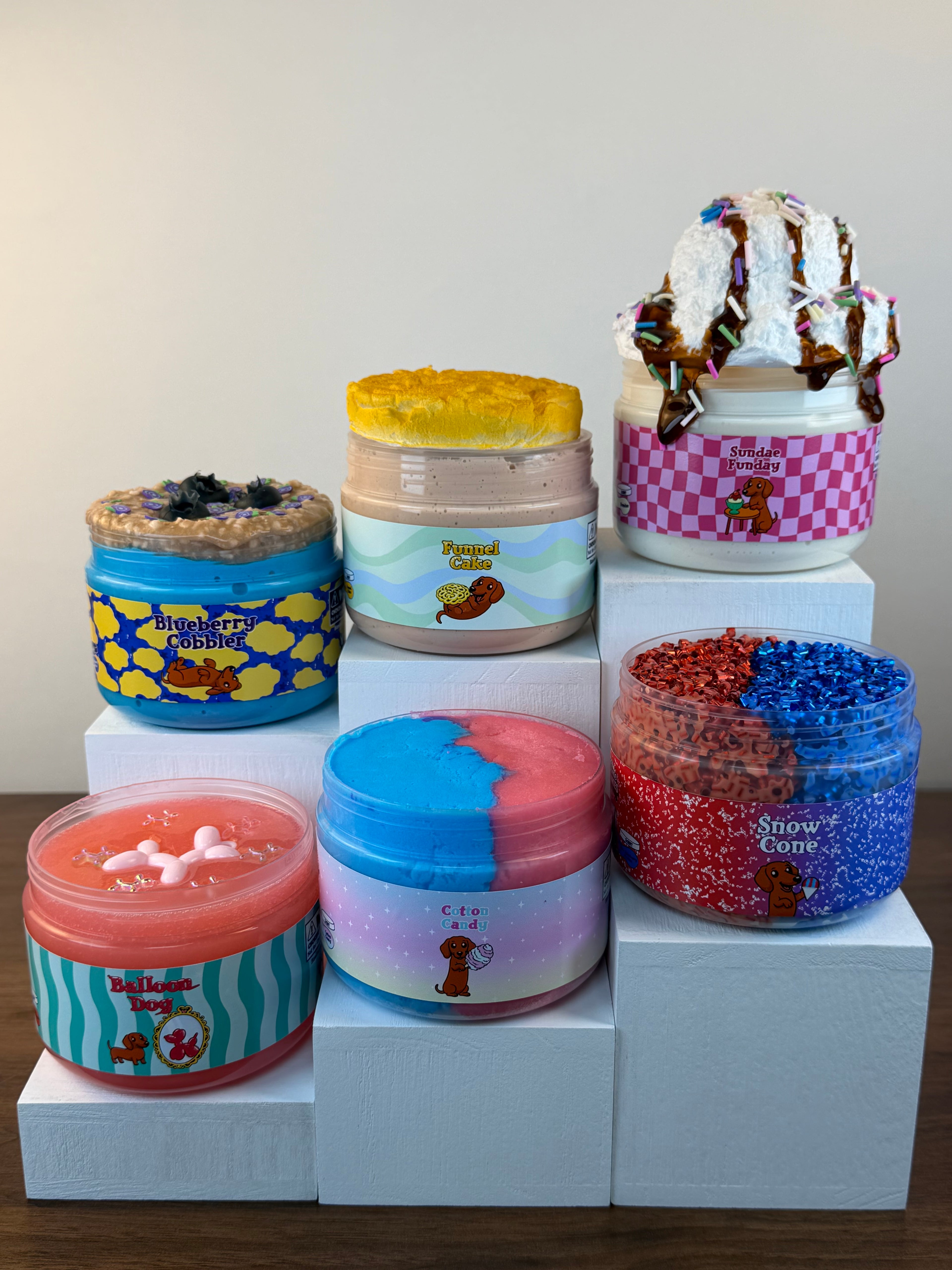 red coated clear slime pink x blue cloud slime red x blue bingsu slime, blue x light tan jelly x perlite slime, light tan ultra thick diy clay kit slime, off white thick n glossy diy clay kit slime with plastic charms with plastic sprinkles with clay sprinkles