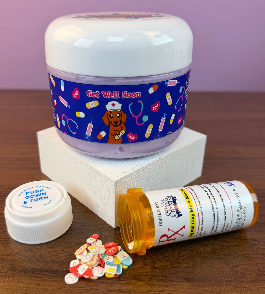 light purple ultra thick slime with a mix of medical themed clay sprinkles texture