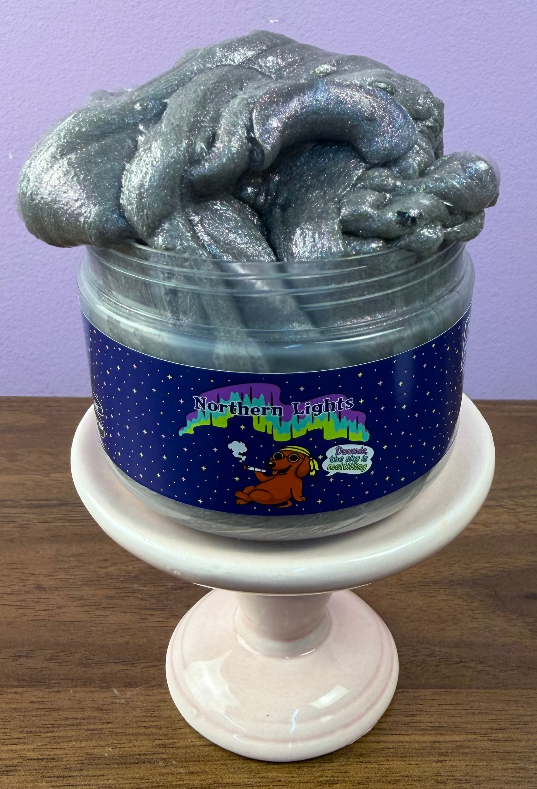 silver rainbow clear glue slime with a rainbow holographic shimmer texture