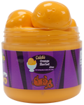 orange slime in a jar with a purple label with the name caleb's on it with a bowl of ice cream and a dog