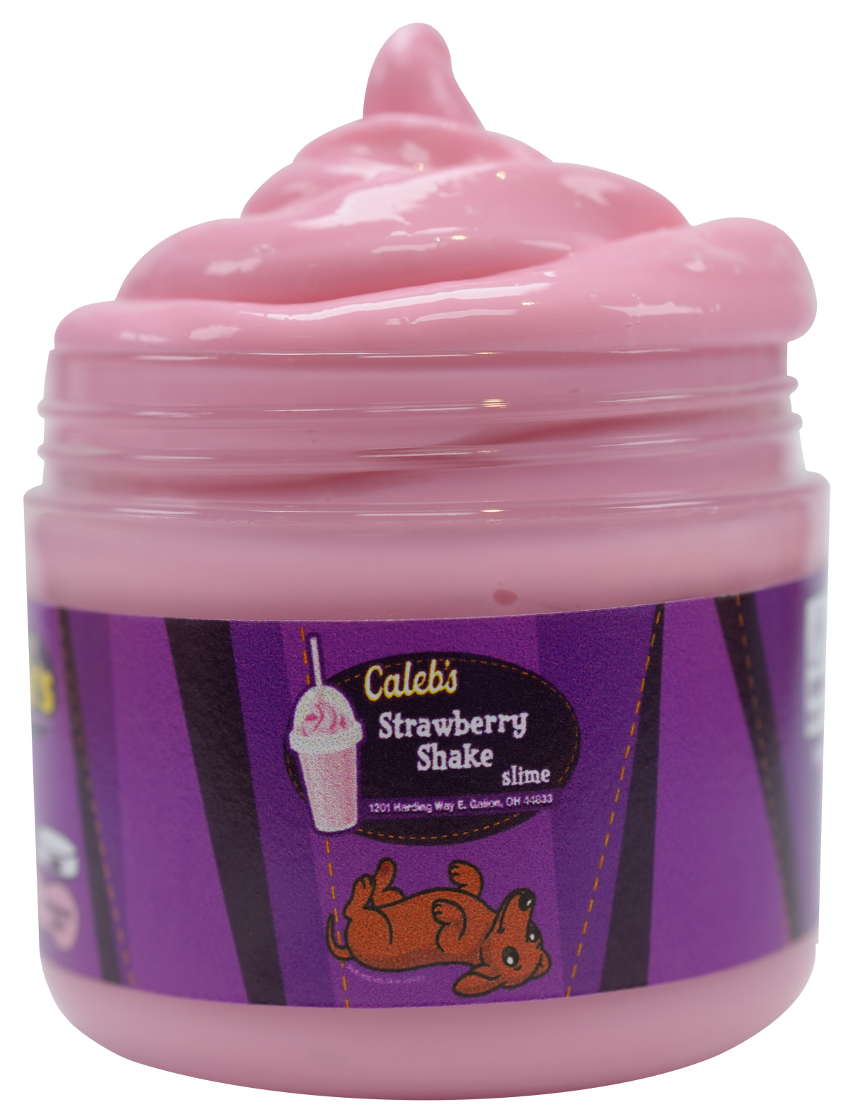Pink slime in a caleb's jar with a purple label with a shake and a dog