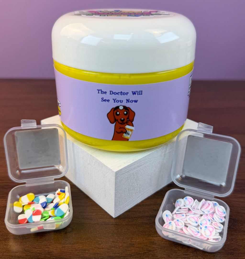 yellow butter slime with fake stethoscope clay sprinkles with fake pill clay sprinkles texture