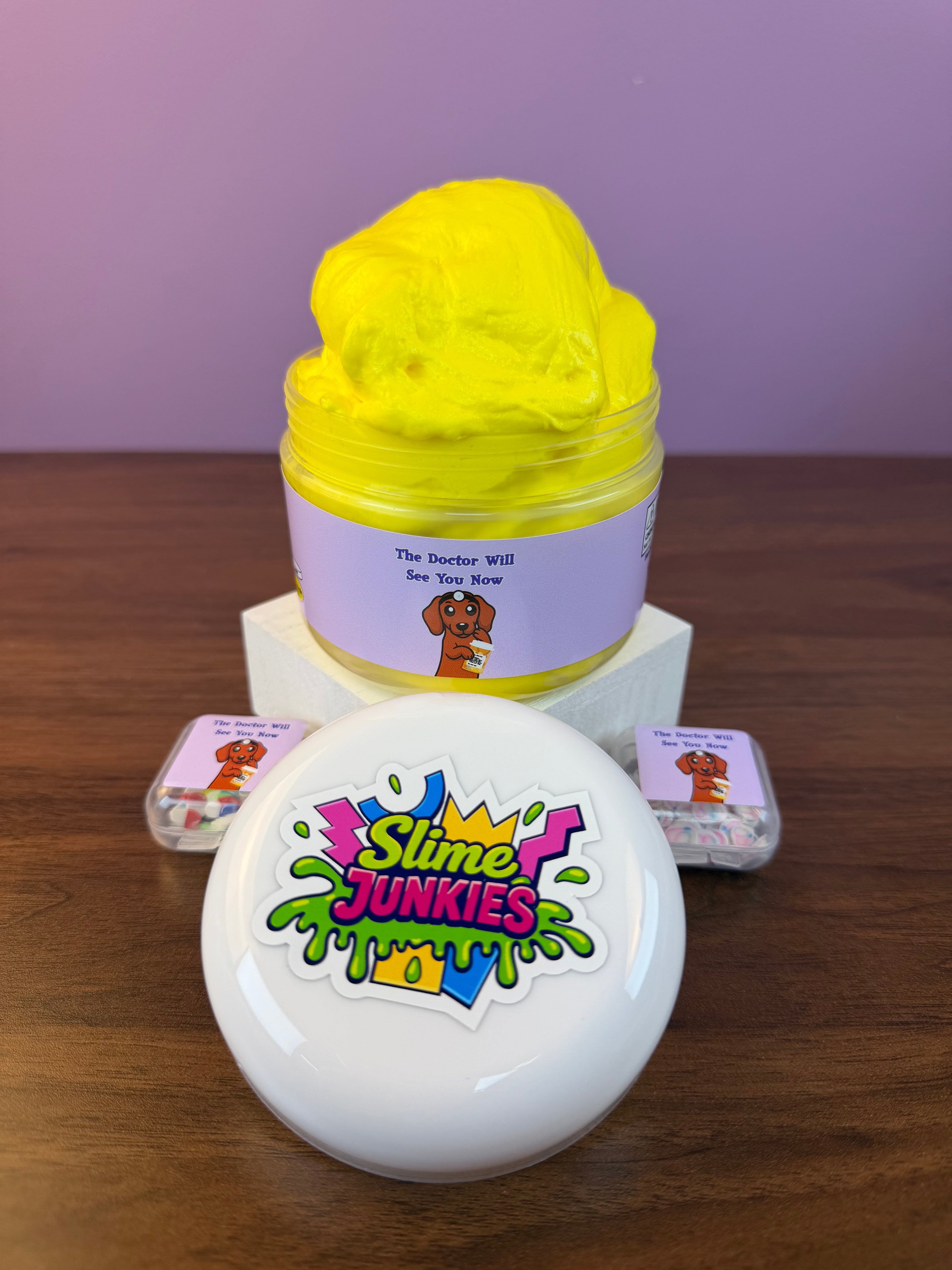 yellow butter slime with fake stethoscope clay sprinkles with fake pill clay sprinkles texture