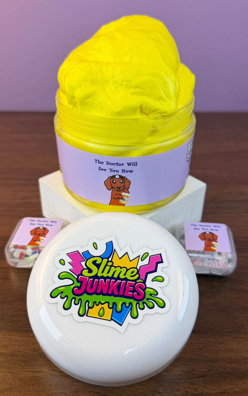yellow butter slime with fake stethoscope clay sprinkles with fake pill clay sprinkles texture