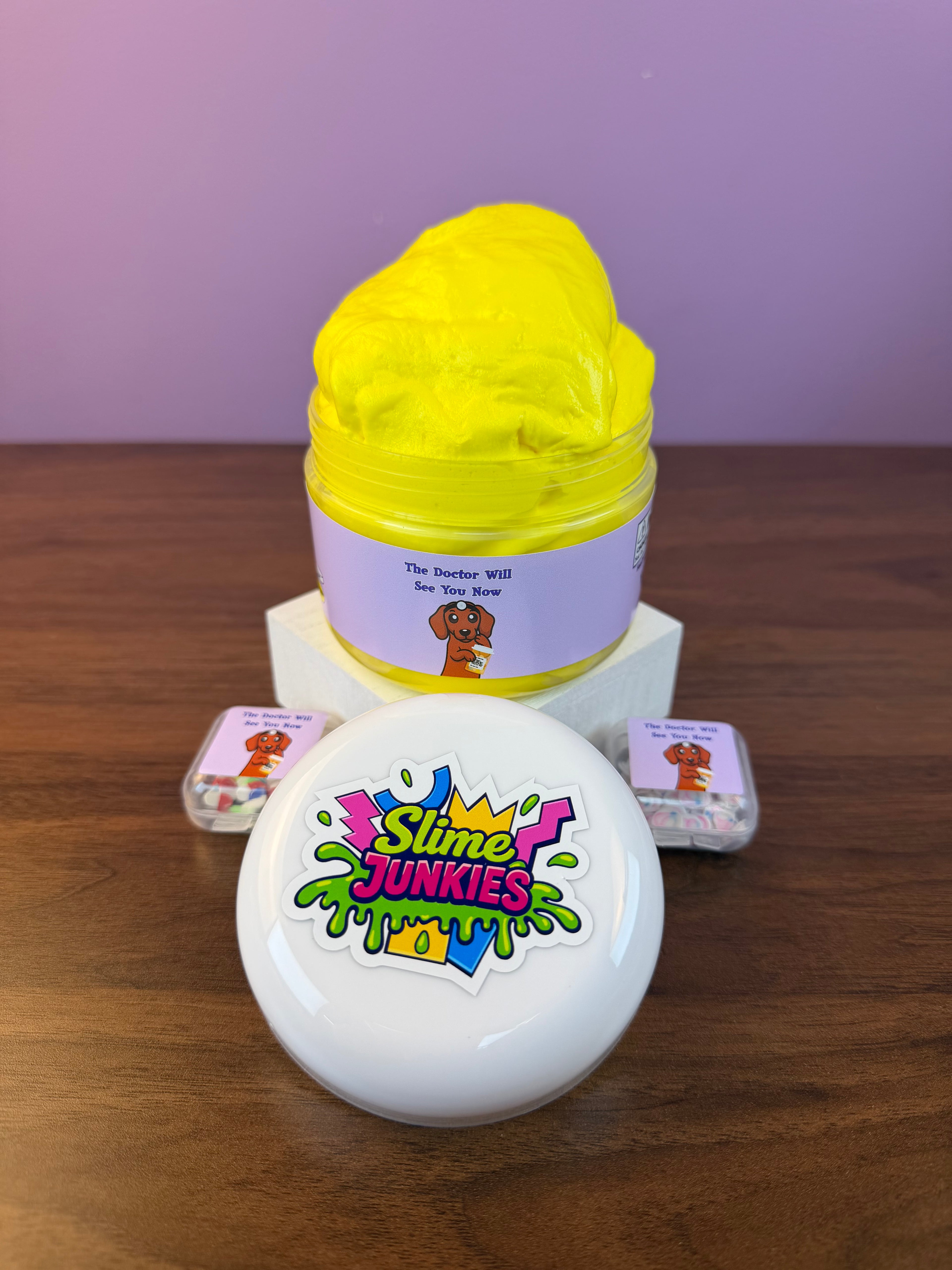 yellow butter slime with fake stethoscope clay sprinkles with fake pill clay sprinkles texture