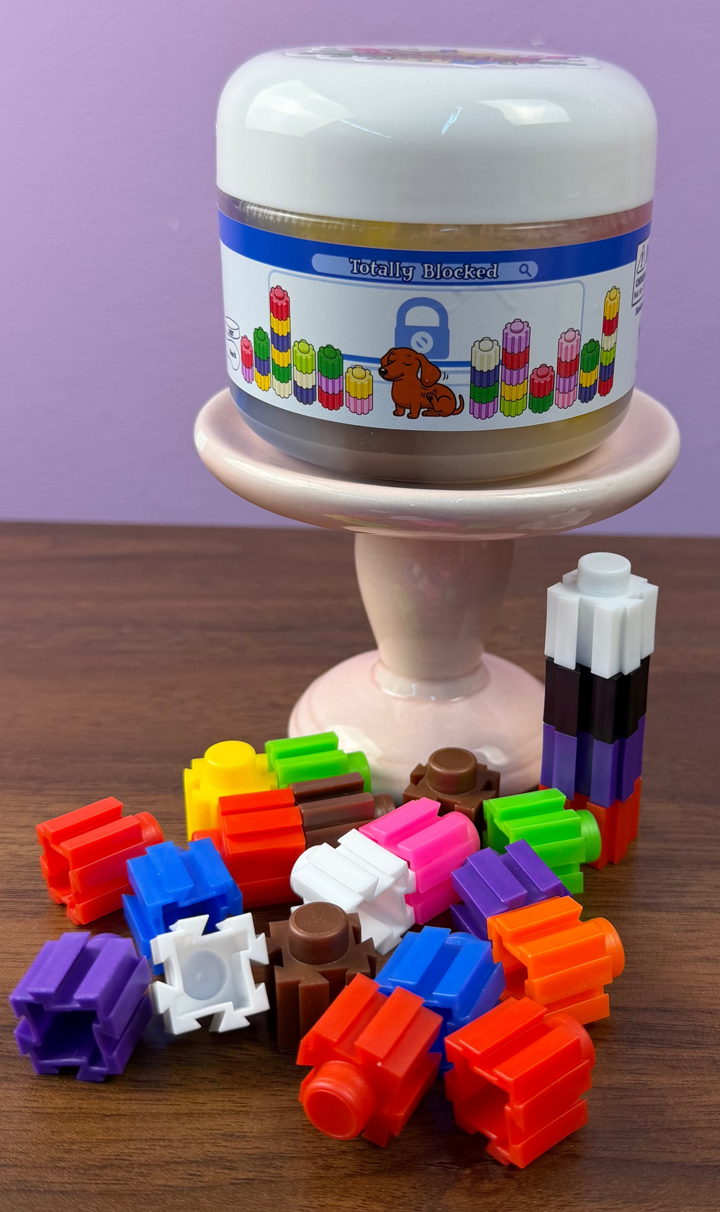 clear crunch bomb slime with plastic building blocks texture