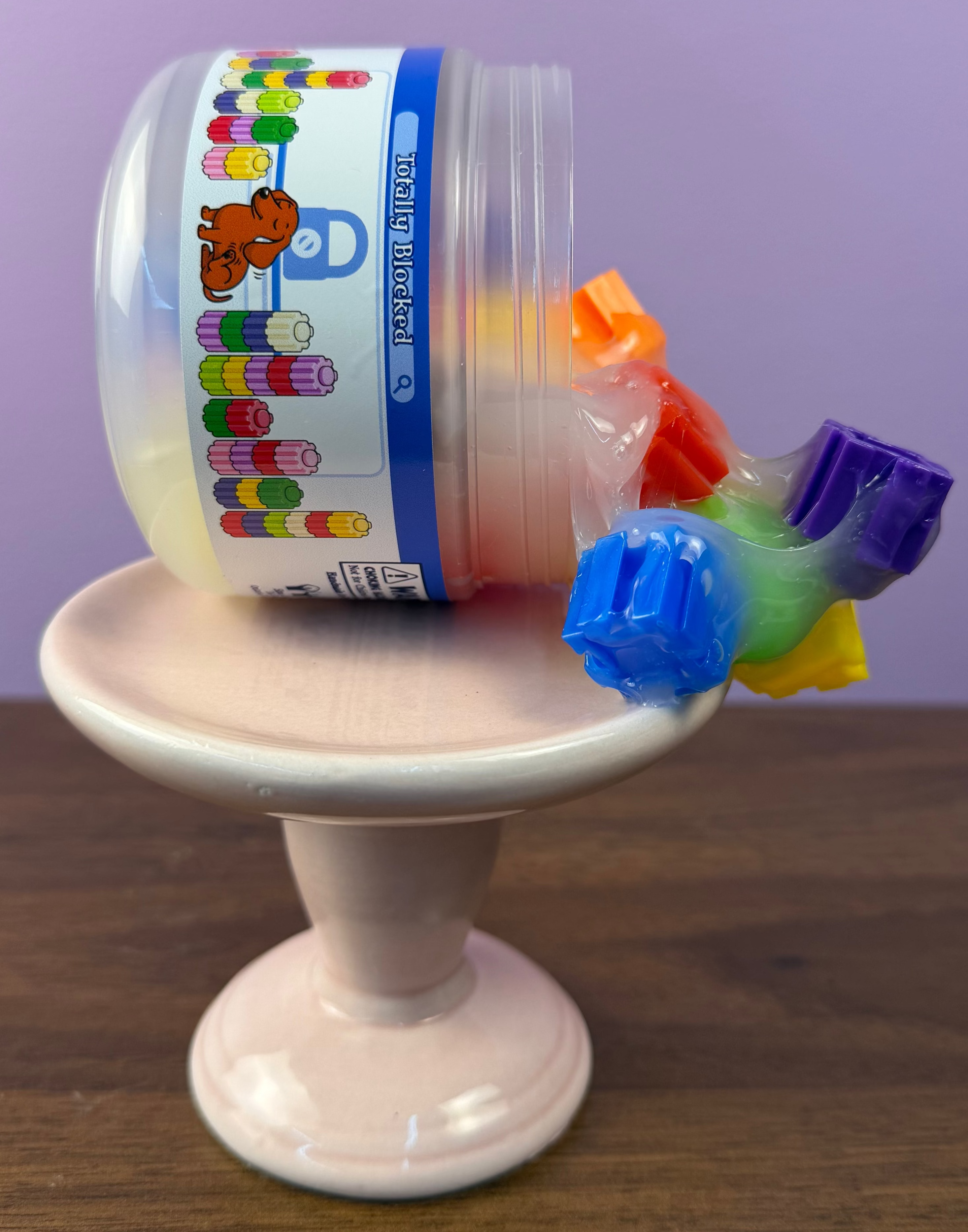 clear crunch bomb slime with plastic building blocks texture