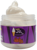 white slime in a calebs jar with a purple label an ice cream cone and a dog
