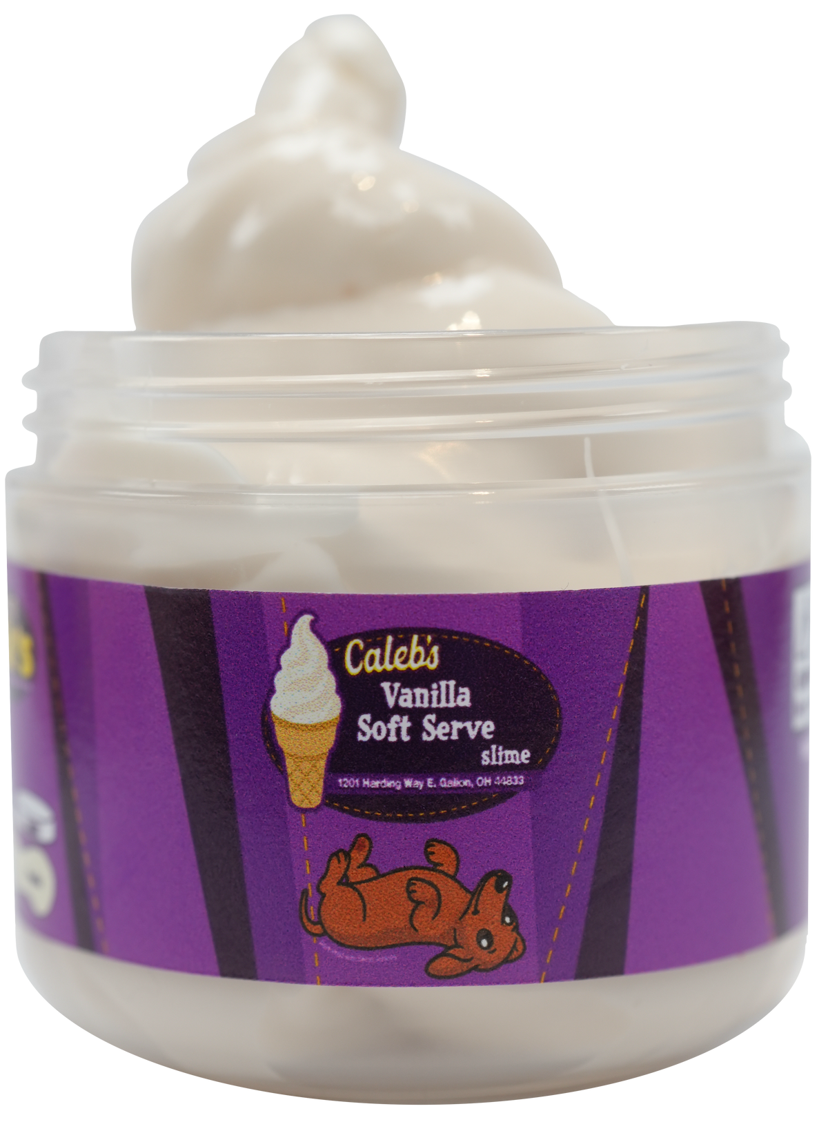 white slime in a calebs jar with a purple label an ice cream cone and a dog